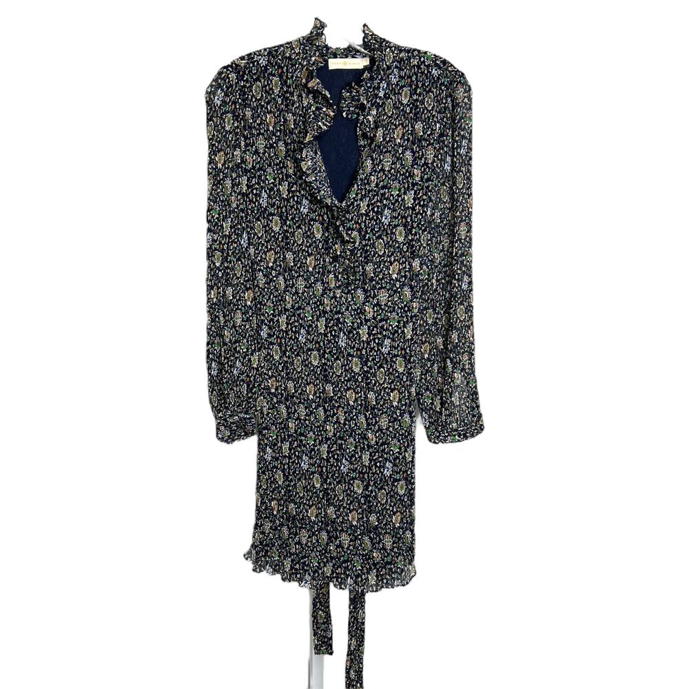 Tory Burch Women's Sz 2 Midi Shift Dress Livia Navy Iris Garden Pleated Tie